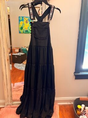 Listicle Black Overall  Maxi Dress with Embroidered Straps